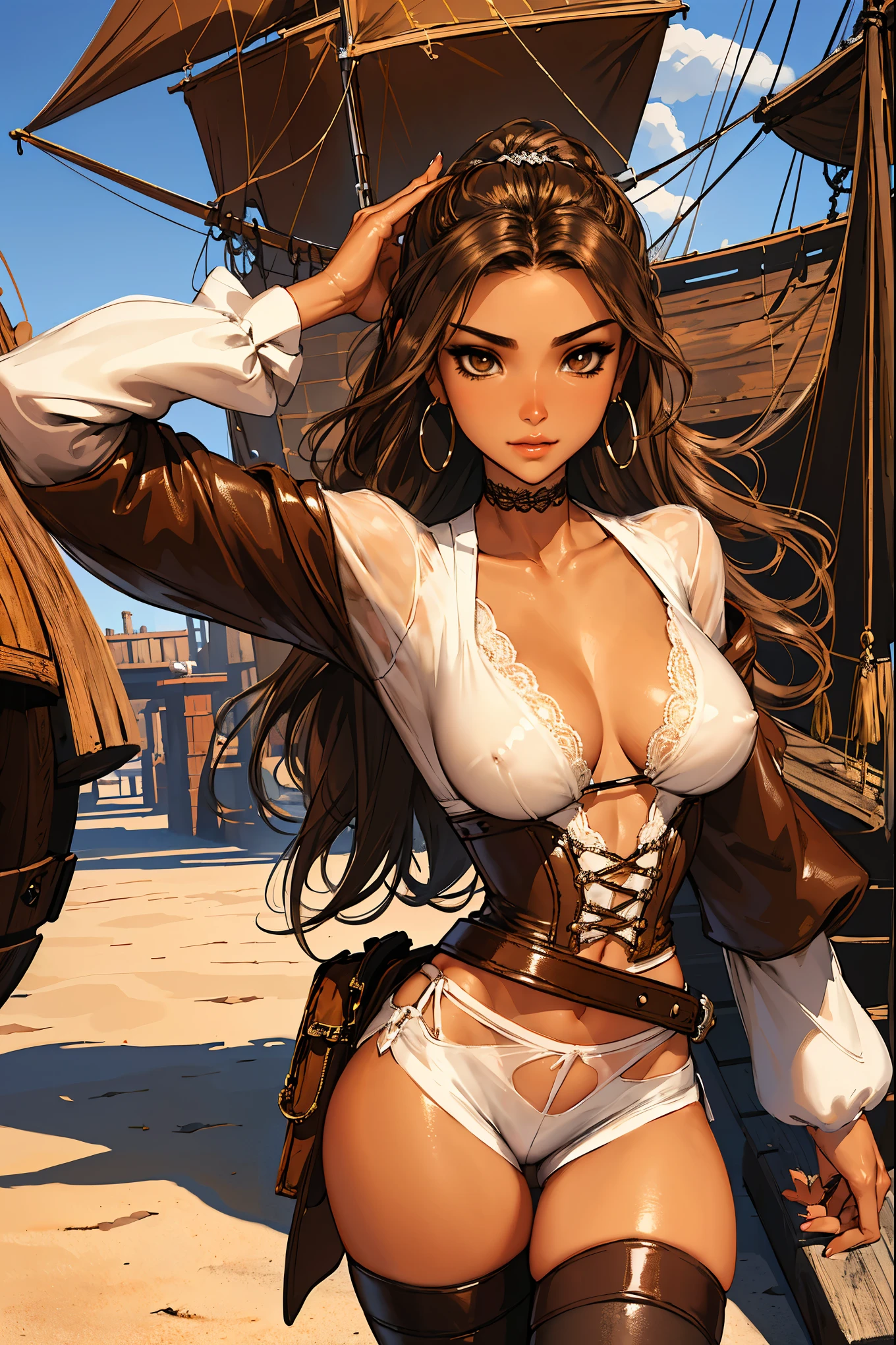 (masterpiece), best quality, expressive eyes, perfect face, (pirate ship background), (standing), (smirk), (closeup view), (1girl, vanessa alessia, dark skin, tanned skin, brown hair, wavy hairstyle, brown eyes, hourglass figure, thin body, skinny body, petite_body, medium breasts, thick thighs, long fingernails, brown plaid head wrap, white front lace blouse, long sleeve, loose fit, brown leather corset, brown leather shorts, brown boots, sheathed cutlass sword, flintlock pistol in holster, hoop earrings, miscellaneous jewelry), big breasts, stripping, elegant makeup, exhibitionism, naked in public, , slim thighs, toned body, shiny skin, sexy pose,narrow hips, wearing high hip thong and see-through top, amber eyes