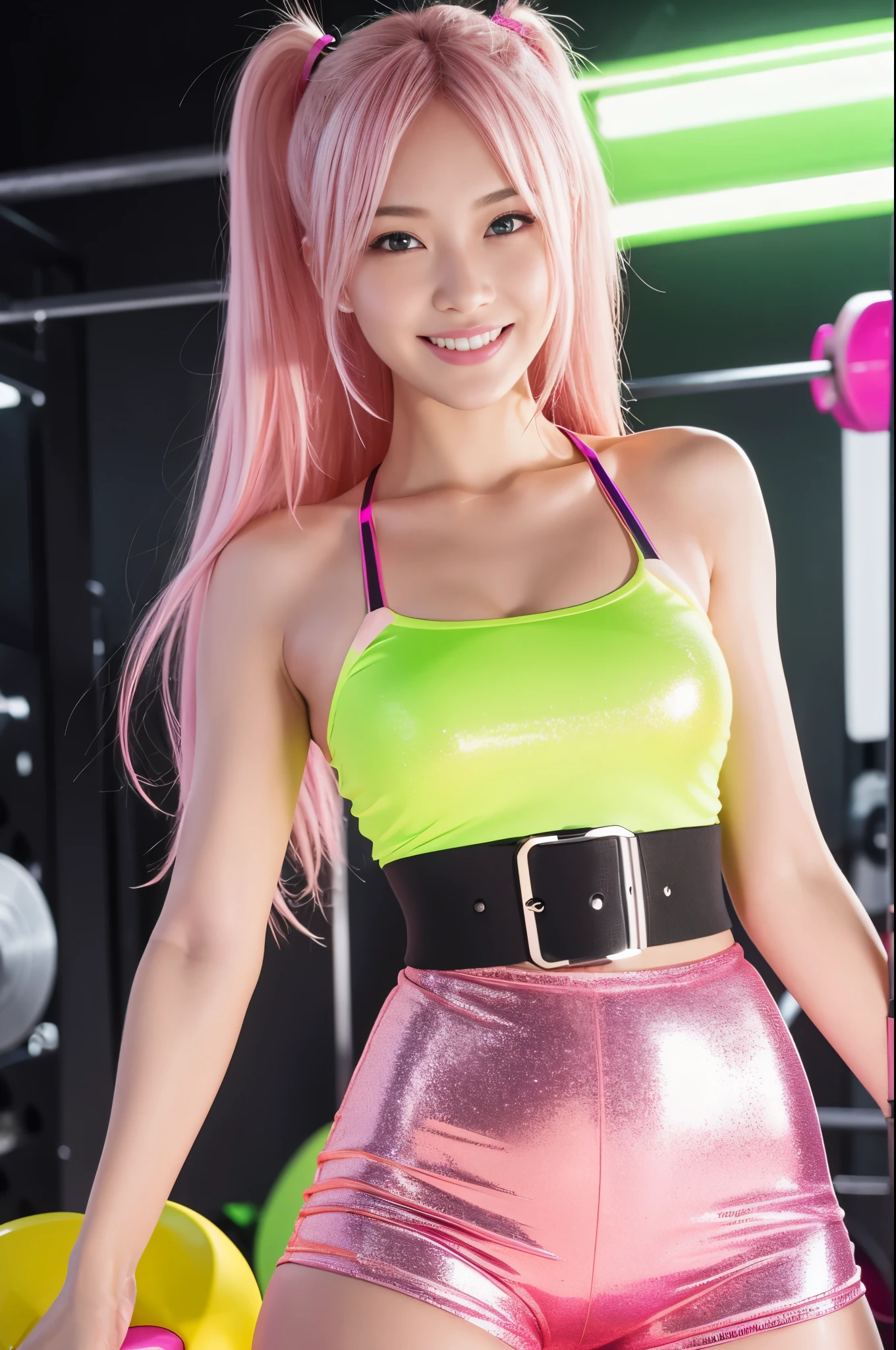Tall sporty German model、bright smile、、、whole body、very long sparkling stylish hair、、、dramatic pose、Good style、、、、、、、、fluorescent pink and yellow sparkling glowing tight shorts costume、strapless top、、Pink Blonde Hair、、、cyber belt、large sparkling shiny very detailed training gym background