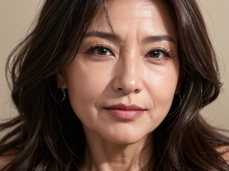 55 years old、Mature Woman、Sexy look、(Extreme close up from the front:1.4)、Beautiful face、Realistic facial wrinkles、Beautiful long hair、Curly Hair、