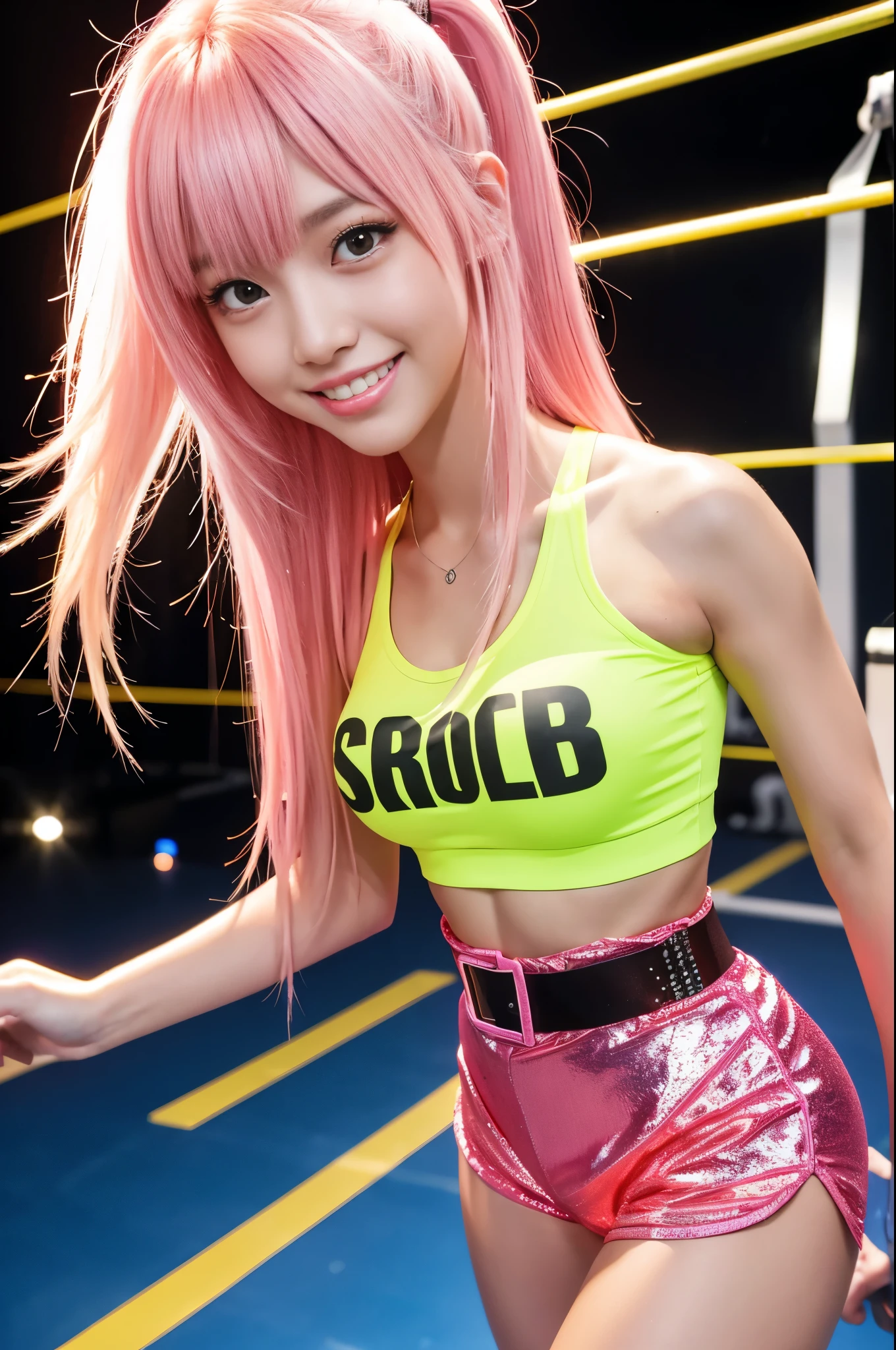 Tall sporty Brazilian model、bright smile、、、whole body、very long sparkling stylish hair、、、dramatic pose、Good style、、、、、、、、fluorescent pink and yellow sparkling glowing tight shorts costume、strapless top、、Pink Blonde Hair、、、cyber belt、large sparkling shiny very detailed training gym background