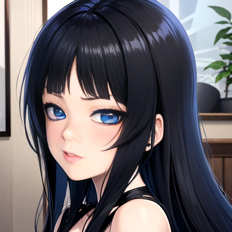 anime girl with long black hair and blue eyes staring at the camera, she has black hair with bangs, 1 7 -  - old me goth girl, sui ishida with black hair, black hair and large eyes, girl with black hair, she has black hair, raven black hair, beautiful anime portrait, in the art style of bowater, black hime cut hair