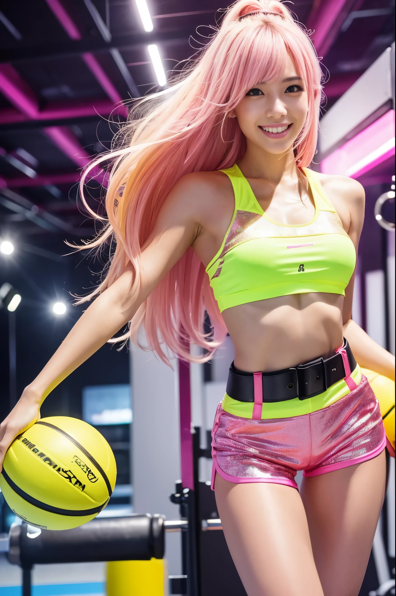 Tall sporty Brazilian model、bright smile、、、whole body、very long sparkling stylish hair、、、dramatic pose、Good style、、、、、、、、fluorescent pink and yellow sparkling glowing tight shorts costume、strapless top、、Pink Blonde Hair、、、cyber belt、large sparkling shiny very detailed training gym background