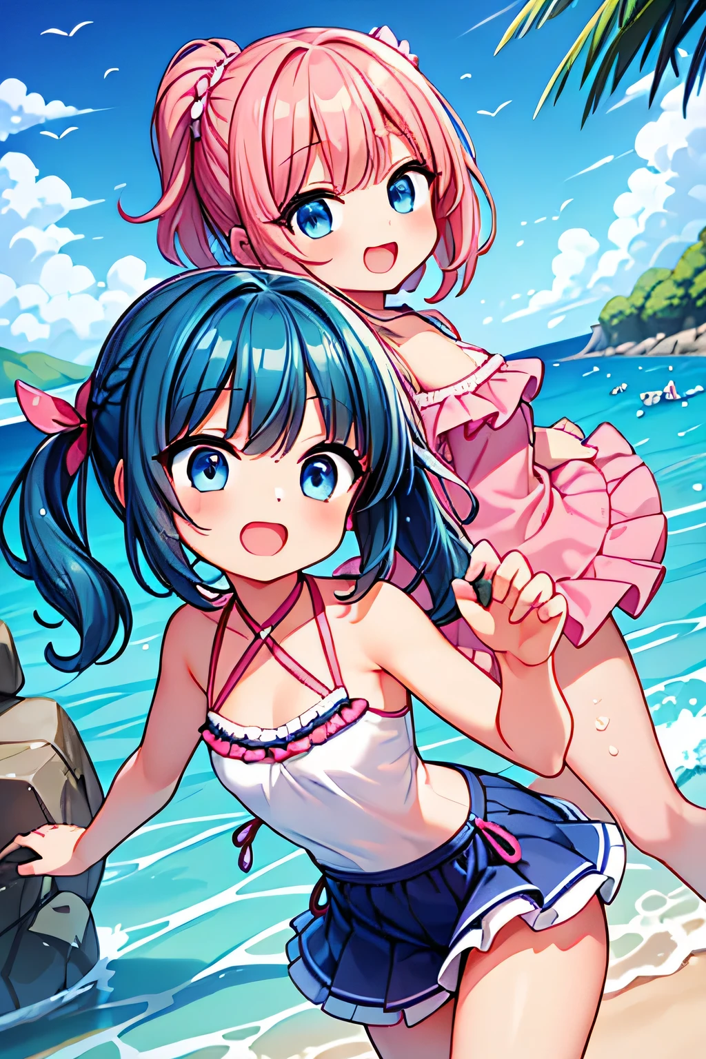highest quality、High resolution、Detailed Background、(Beautiful face in every detail:1.4)、Anatomically correct、(Detailed facial expressions)、Teenage beauty、(Highly detailed face:1.4)、cute hair color、cute hairstyle、Braided bob cut、Braided Ponytail、Braided twin tails、Overflowing with kindness and cuteness、
(Girls enjoying a fun and lively swim in the sea:1.5)、
Running along the beach while feeling the sea breeze、A girlish smile bounces、
Friends walking hand in hand along the shore、
Although a little shy, they chatted happily.、
Blue sea and white sand beach、Wrapped in pleasant sunlight、
It's lovely to see them splashing around and playing.、
Lie down comfortably、Her eyes gazing at the sea are sparkling、
I couldn't help but smile at the sight of them.、
Feeling the sea breeze, my heart becomes clear、
The best memories are the time you spend together、
The bikini is a classic style that accentuates femininity.、The top is decorated with frills and ribbons.、Chopped pants and flared skirts are also popular bottoms.、
The one-piece swimsuit is also very cute.、Ribbon and lace on the front、Details such as the open back are distinctive.、fit&Flared silhouette for a feminine look、
Ruffles and fringes、Swimsuits decorated with jewels are also fashionable.、
pink、light blue、Bright colors such as yellow、Calm navy and burgundy、Feminine design and vibrant colors、cute