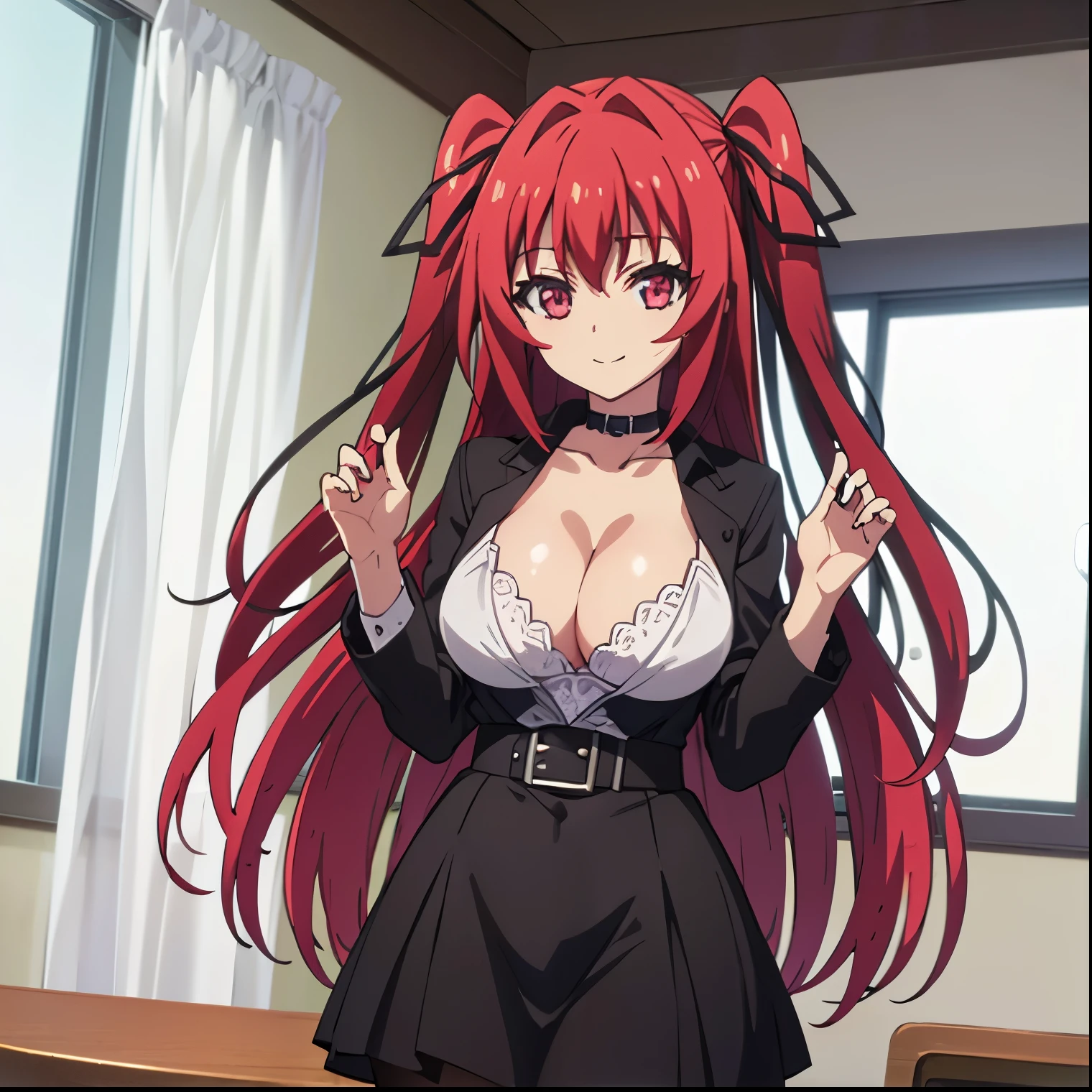 1girl, alone, mio ​​naruse, Best quality, (loose hair: 1.3), long_hair, straight_hair, white shirt, cleavage, short black skirt, black pantyhose, looking at viewer, head on, focus on breasts, open shirt, red bra with black lace, Right, red_hair, red eyes, cleavage, seductive, sexy body, standing, indoor, school, classroom, 1girl, alone, smiling, big breasts, medium waist, wide hips, medium thighs, perfect anatomy, perfect hands