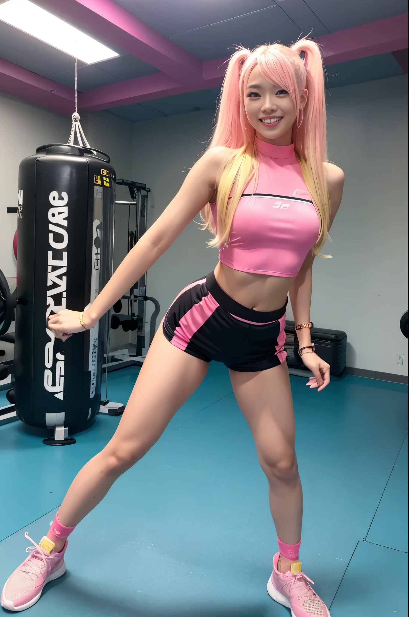 Tall sporty Indonesian model、bright smile、、、whole body、very long stylish hair、、、dominant pose、Good style、、、、、、、、Fluorescent pink and yellow tight shorts costume、strapless top、、Pink Blonde Hair、、、cyber belt、large very detailed training gym background