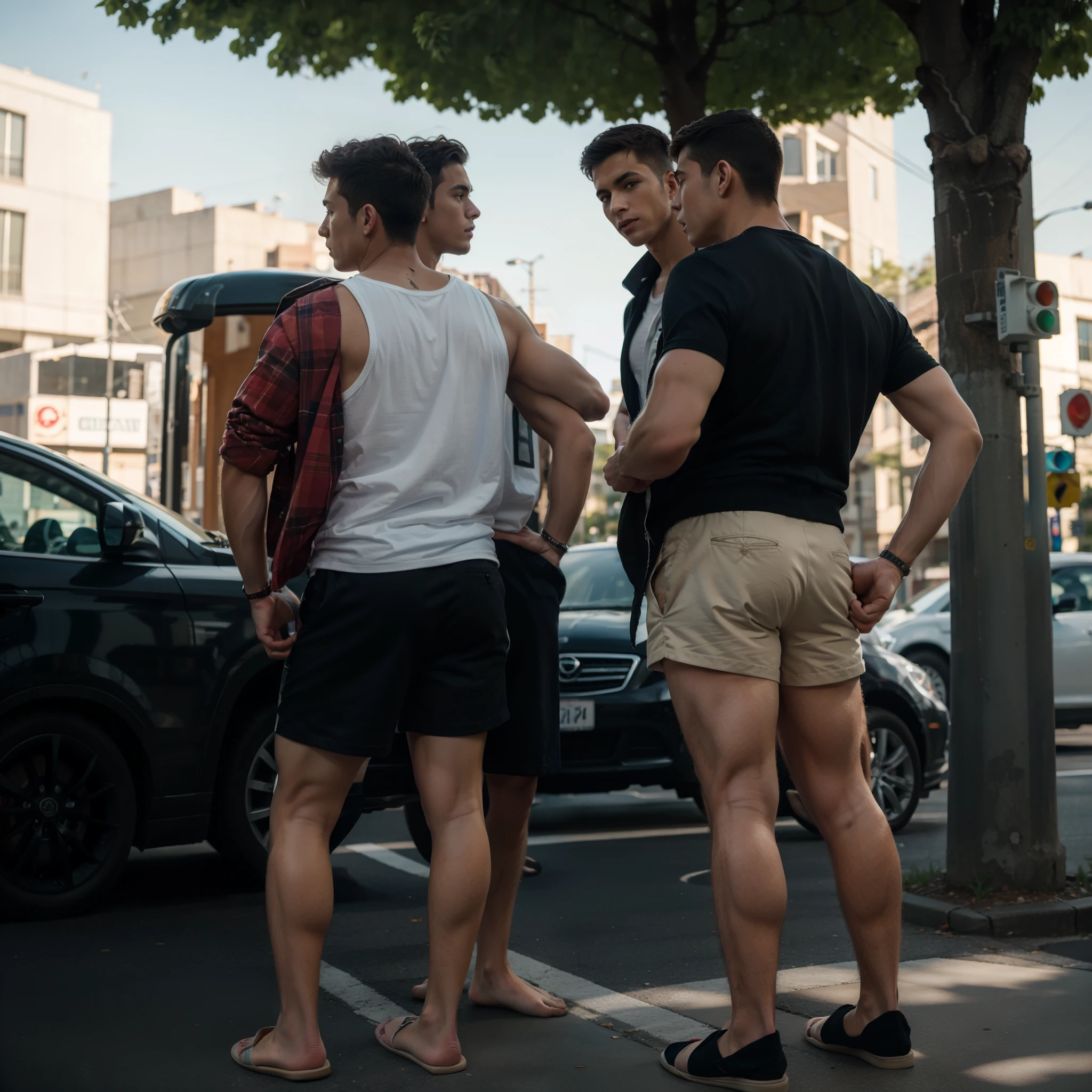 ((best quality)), ((masterpiece)), (detailed), Two young men discussing,street,[with]traffic light,Wearing slippers,muscle,Vest,shorts,hands behind back