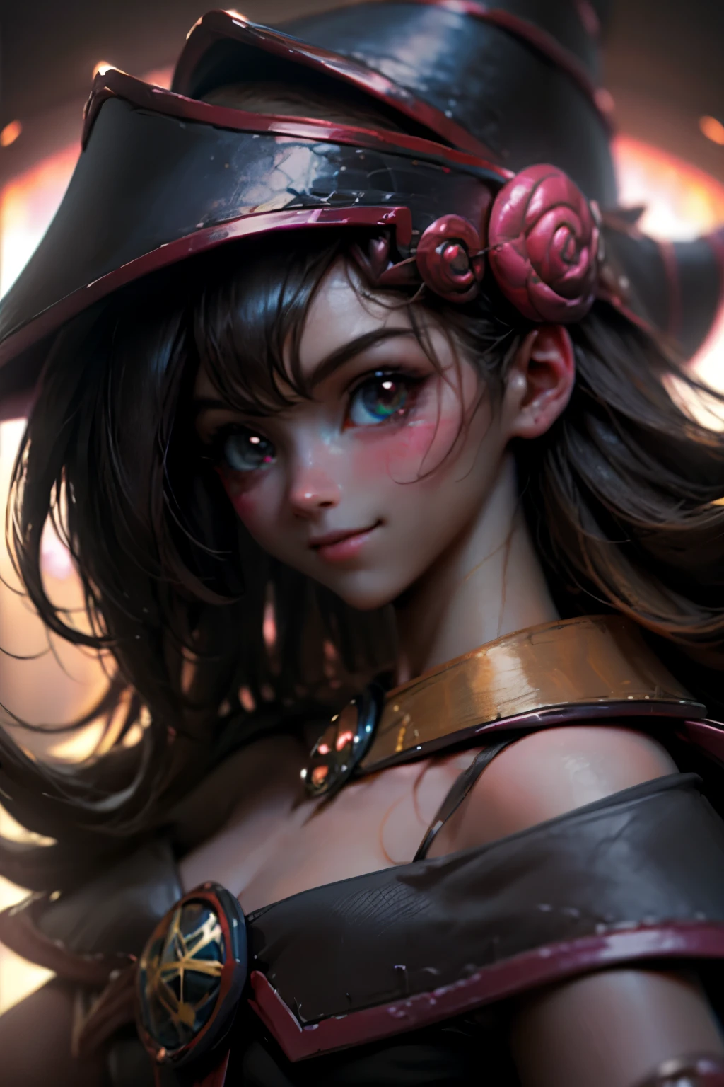 Crea el hermoso rostro de dark magician gils. Ojos azules. Labios rosados. Tes blanca. Cabello rubio. girl smile. Hombros destapados. Collar en el cuello. Rostro de gils mago oscuro. Vista tierna . magical eyes
