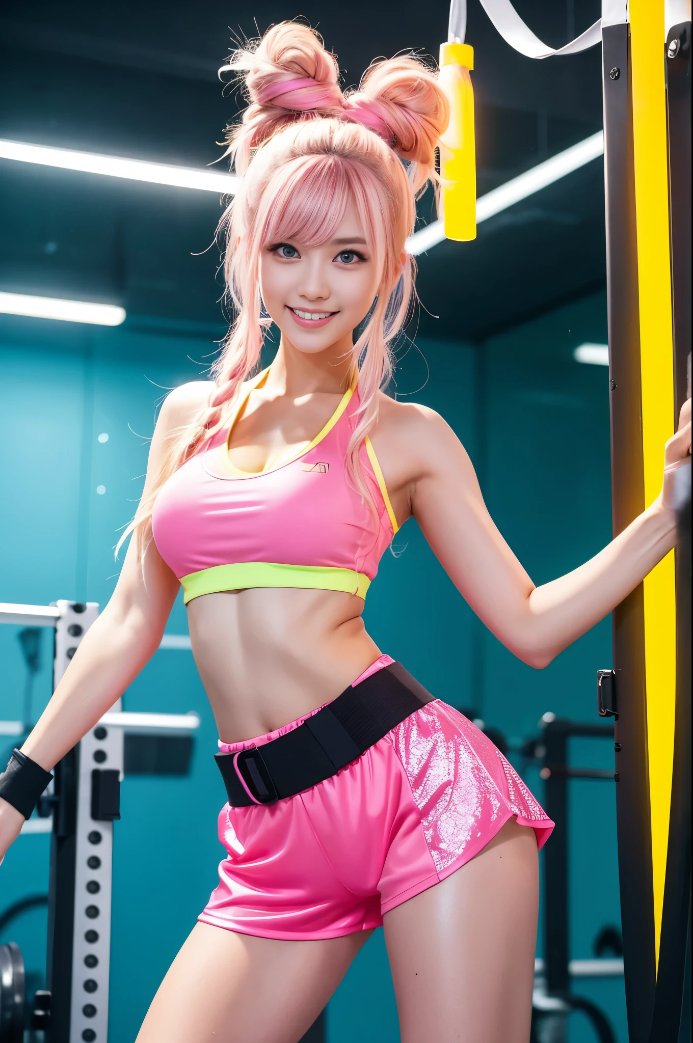 Tall sporty German model、bright smile、、、whole body、very long sparkling stylish hair、、、dramatic pose、Good style、、、、、、、、fluorescent pink and yellow sparkling glowing tight shorts costume、strapless top、、Pink Blonde Hair、、、cyber belt、large sparkling shiny very detailed training gym background