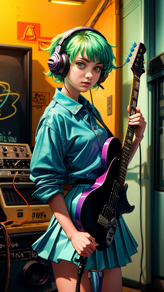 Raw photo, masterpiece, photorealistic, best quality, 1girl playing an electric guitar, blue_neon skirt, green eyes, headphones, holding, holding plectrum, instrument, short punk hair, music, one side up, golden hair, playing guitar, pleated skirt, black shirt, indoors