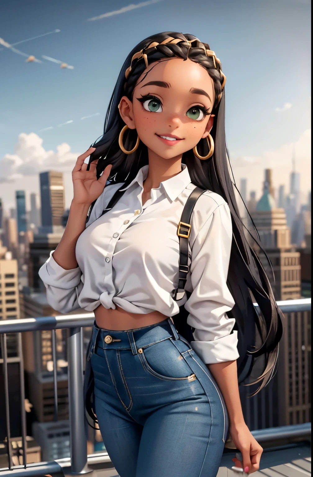 Girl with black skin, braided brown hair, Box braids, green eyes, smiling, black bra, white blouse, big circle gold earrings, freckles, big lips, on a rooftop, nyc skyline in the background, blue skies big clouds Wearing extremely tight jeans, extremamente sexy, 8k, (melhor qualidade: 1.0), (ultra highres:1.0)