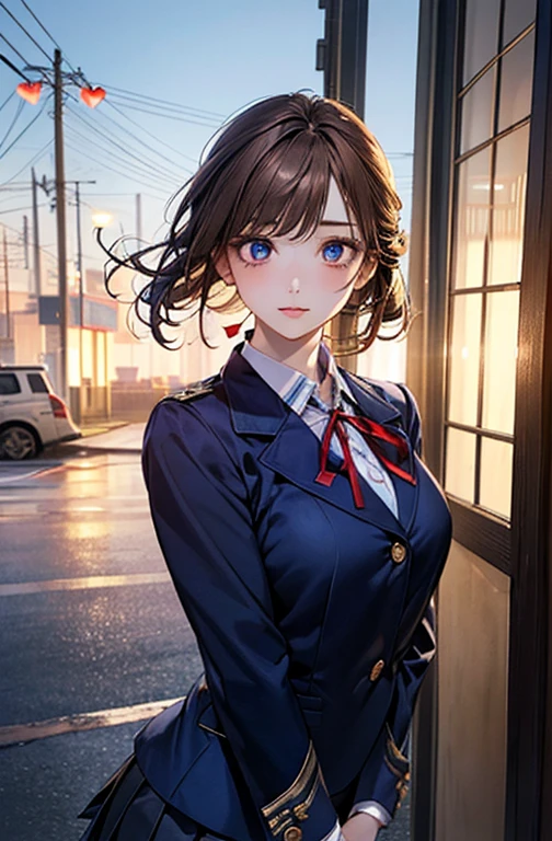 (masterpiece:1.2, top-quality), (realistic, photorealistic:1.4), beautiful illustration, (natural side lighting, movie lighting), nsfw,
looking at viewer, face focus, upper body, 1 girl, japanese, high school girl, perfect face, cute and symmetrical face, shiny skin,
(short hair:1.2, half updo:1.2, light brown hair), asymmetrical bangs, blue eyes, drooping eyes, long eye lasher, (medium breasts), slender,
beautiful hair, beautiful face, beautiful detailed eyes, beautiful clavicle, beautiful body, beautiful chest, beautiful thigh, beautiful legs, beautiful fingers,
((detailed cloth texture, long sleeves navy blue school doubles blazer, white collared shirts, navy blue pleated mini skirt, red neck ribbon)),
(beautiful scenery), winter, evening, (outdoors), , (heart shaped pupils, in heat, aroused),