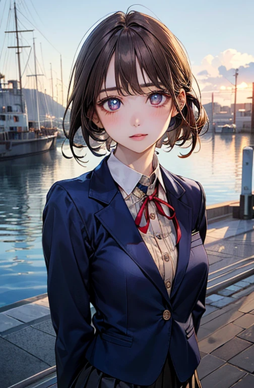 (masterpiece:1.2, top-quality), (realistic, photorealistic:1.4), beautiful illustration, (natural side lighting, movie lighting), nsfw, 
looking at viewer, face focus, upper body, 1 girl, japanese, high school girl, perfect face, cute and symmetrical face, shiny skin, 
(short hair:1.2, half updo:1.2, light brown hair), asymmetrical bangs, blue eyes, drooping eyes, long eye lasher, (medium breasts), slender, 
beautiful hair, beautiful face, beautiful detailed eyes, beautiful clavicle, beautiful body, beautiful chest, beautiful thigh, beautiful legs, beautiful fingers, 
((detailed cloth texture, long sleeves navy blue school doubles blazer, white collared shirts, navy blue pleated mini skirt, red neck ribbon)), 
(beautiful scenery), winter, evening, (outdoors), , (heart shaped pupils, in heat, aroused), 