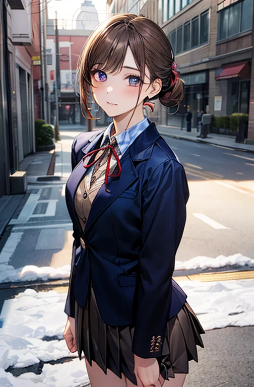 (masterpiece:1.2, top-quality), (realistic, photorealistic:1.4), beautiful illustration, (natural side lighting, movie lighting), nsfw, 
looking at viewer, face focus, upper body, 1 girl, japanese, high school girl, perfect face, cute and symmetrical face, shiny skin, 
(short hair:1.2, half updo:1.2, light brown hair), asymmetrical bangs, blue eyes, drooping eyes, long eye lasher, (medium breasts), slender, 
beautiful hair, beautiful face, beautiful detailed eyes, beautiful clavicle, beautiful body, beautiful chest, beautiful thigh, beautiful legs, beautiful fingers, 
((detailed cloth texture, long sleeves navy blue school doubles blazer, white collared shirts, navy blue pleated mini skirt, red neck ribbon)), 
(beautiful scenery), winter, evening, (outdoors), , (heart shaped pupils, in heat, aroused), 