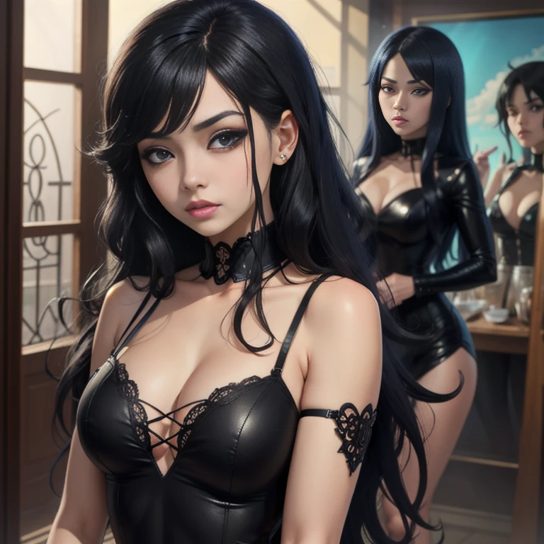 anime girl with long black hair and blue eyes staring at the camera, she has black hair with bangs, 1 7 - year - old anime goth girl, sui ishida with black hair, black hair and large eyes, girl with black hair, she has black hair, raven black hair, beautiful anime portrait, in the art style of bowater, black hime cut hair