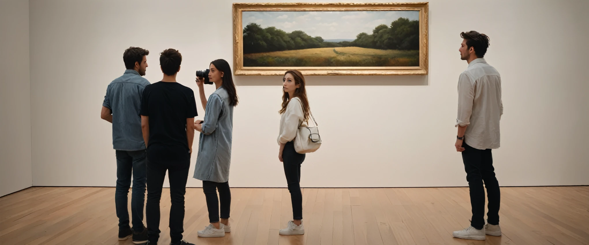 ((high quality,hight resolution,masterpiece,sharp focus,photographrealistic,Raw photography,An art Gallery with 5 people looking at a large painting,