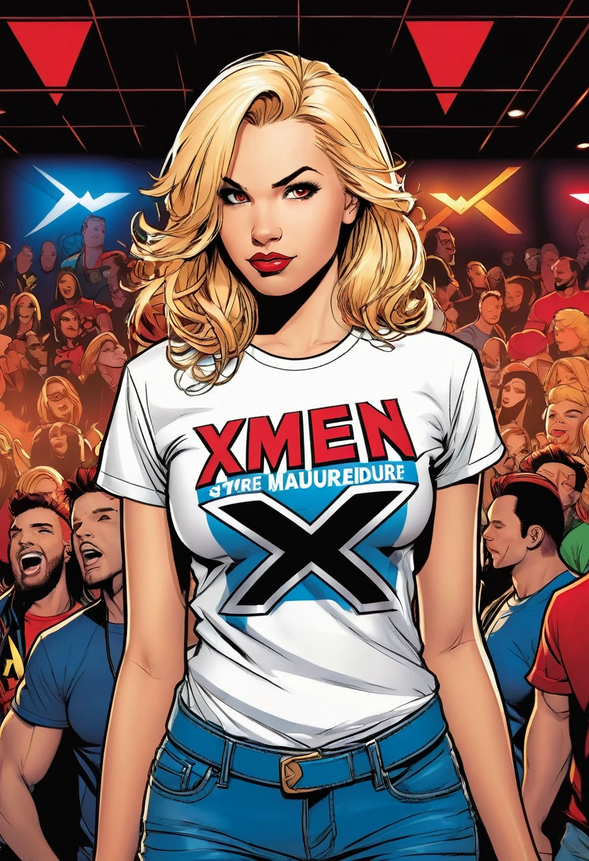 comic book style, joe madureira style line art, extremely attractive girl, woman, female wearing an x-men t-shirt,  american heritage, blonde hair, bright red eyes, proud expression, standing inside a nightclub singing,snthwve style, nvinkpunk, duskypie