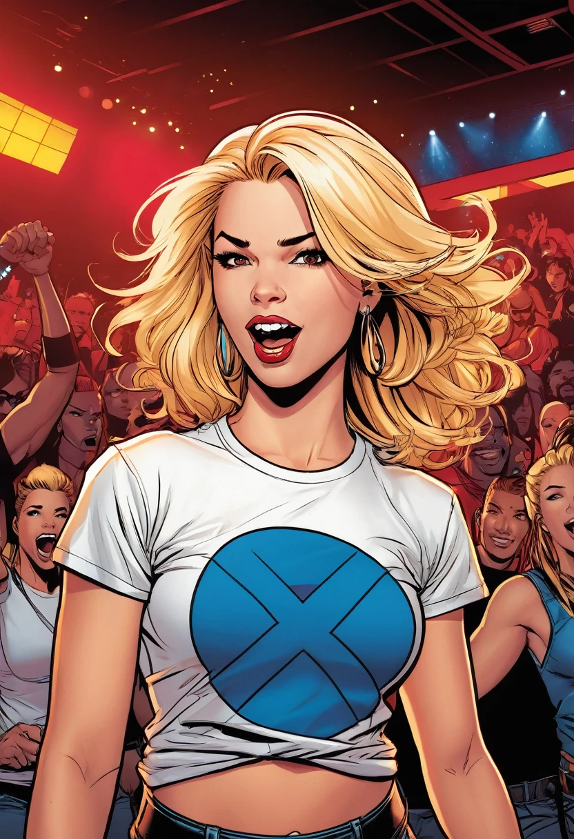 comic book style, joe madureira style line art, extremely attractive girl, woman, female wearing an x-men t-shirt,  american heritage, blonde hair, bright red eyes, proud expression, standing inside a nightclub singing,snthwve style, nvinkpunk, duskypie