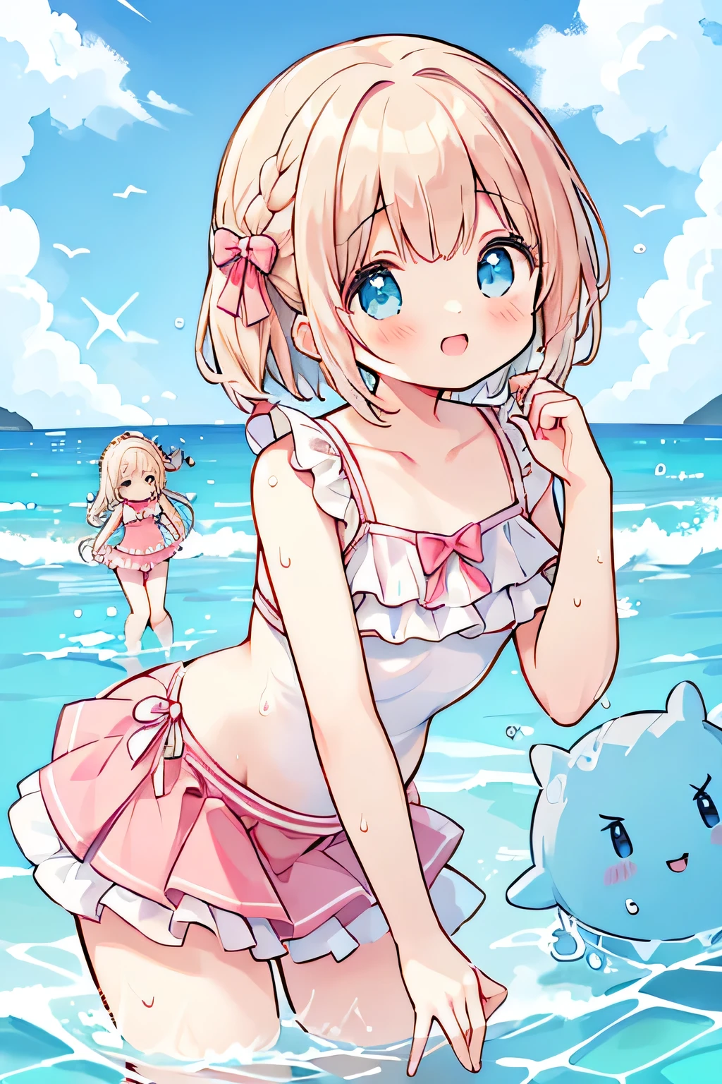 highest quality、High resolution、Detailed Background、(Beautiful face in every detail:1.4)、Anatomically correct、(Detailed facial expressions)、Teenage beauty、(Highly detailed face:1.4)、cute hair color、cute hairstyle、Braided bob cut、Braided Ponytail、Braided twin tails、Overflowing with kindness and cuteness、

(Girls enjoying a fun and lively swim in the sea:1.5)、

Running along the beach while feeling the sea breeze、A girlish smile bounces、
Friends walking hand in hand along the shore、
Although a little shy, they chatted happily.、
Blue sea and white sand beach、Wrapped in pleasant sunlight、
It&#39;s lovely to see them splashing around and playing.、
Lie down comfortably、Her eyes gazing at the sea are sparkling、
I couldn&#39;t help but smile at the sight of them.、
Feeling the sea breeze, my heart becomes clear、
The best memories are the time you spend together、

The bikini is a classic style that accentuates femininity.、The top is decorated with frills and ribbons.、Chopped pants and flared skirts are also popular bottoms.、
The one-piece swimsuit is also very cute.、Ribbon and lace on the front、Details such as the open back are distinctive.、fit&Flared silhouette for a feminine look、
Ruffles and fringes、Swimsuits decorated with jewels are also fashionable.、
pink、light blue、Bright colors such as yellow、Calm navy and burgundy、Feminine design and vibrant colors、cute