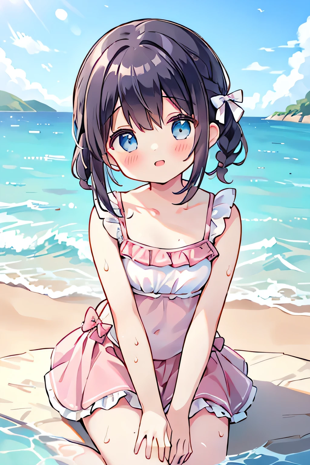 highest quality、High resolution、Detailed Background、(Beautiful face in every detail:1.4)、Anatomically correct、(Detailed facial expressions)、Teenage beauty、(Highly detailed face:1.4)、cute hair color、cute hairstyle、Braided bob cut、Braided Ponytail、Braided twin tails、Overflowing with kindness and cuteness、
(Girls enjoying a fun and lively swim in the sea:1.5)、
Running along the beach while feeling the sea breeze、A girlish smile bounces、
Friends walking hand in hand along the shore、
Although a little shy, they chatted happily.、
Blue sea and white sand beach、Wrapped in pleasant sunlight、
It's lovely to see them splashing around and playing.、
Lie down comfortably、Her eyes gazing at the sea are sparkling、
I couldn't help but smile at the sight of them.、
Feeling the sea breeze, my heart becomes clear、
The best memories are the time you spend together、
The bikini is a classic style that accentuates femininity.、The top is decorated with frills and ribbons.、Chopped pants and flared skirts are also popular bottoms.、
The one-piece swimsuit is also very cute.、Ribbon and lace on the front、Details such as the open back are distinctive.、fit&Flared silhouette for a feminine look、
Ruffles and fringes、Swimsuits decorated with jewels are also fashionable.、
pink、light blue、Bright colors such as yellow、Calm navy and burgundy、Feminine design and vibrant colors、cute
