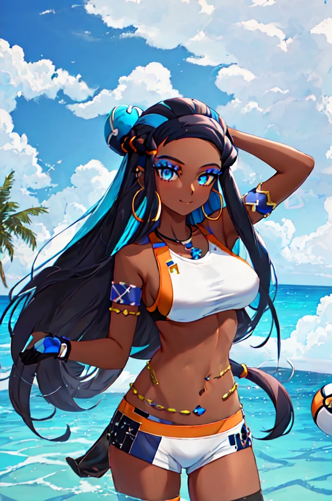 best quality, masterpiece, highres, solo, {nessa_pokemon:1.15}, dark-skinned_female, dark_skin, multicolored_hair, two-tone_hair, long_hair, black_hair, blue_hair, blue_eyes, jewelry, earrings, makeup, hoop_earrings, hair_bun, eyeshadow, single_hair_bun, necklace, massive breasts, blue_eyeshadow, armlet, eyelashes, 1girl, belly_chain, bikini, crop_top, gloves, holding, holding_poke_ball, midriff, navel, poke_ball, poke_ball_\(basic\), single_glove, swimsuit, looking_at_viewer, smile, tankini