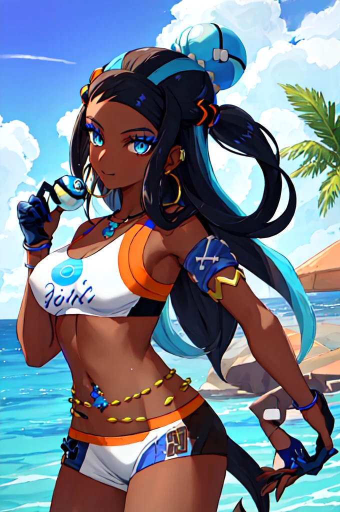 best quality, masterpiece, highres, solo, {nessa_pokemon:1.15}, dark-skinned_female, dark_skin, multicolored_hair, two-tone_hair, long_hair, black_hair, blue_hair, blue_eyes, jewelry, earrings, makeup, hoop_earrings, hair_bun, eyeshadow, single_hair_bun, necklace, massive breasts, blue_eyeshadow, armlet, eyelashes, 1girl, belly_chain, bikini, crop_top, gloves, holding, holding_poke_ball, midriff, navel, poke_ball, poke_ball_\(basic\), single_glove, swimsuit, looking_at_viewer, smile, tankini