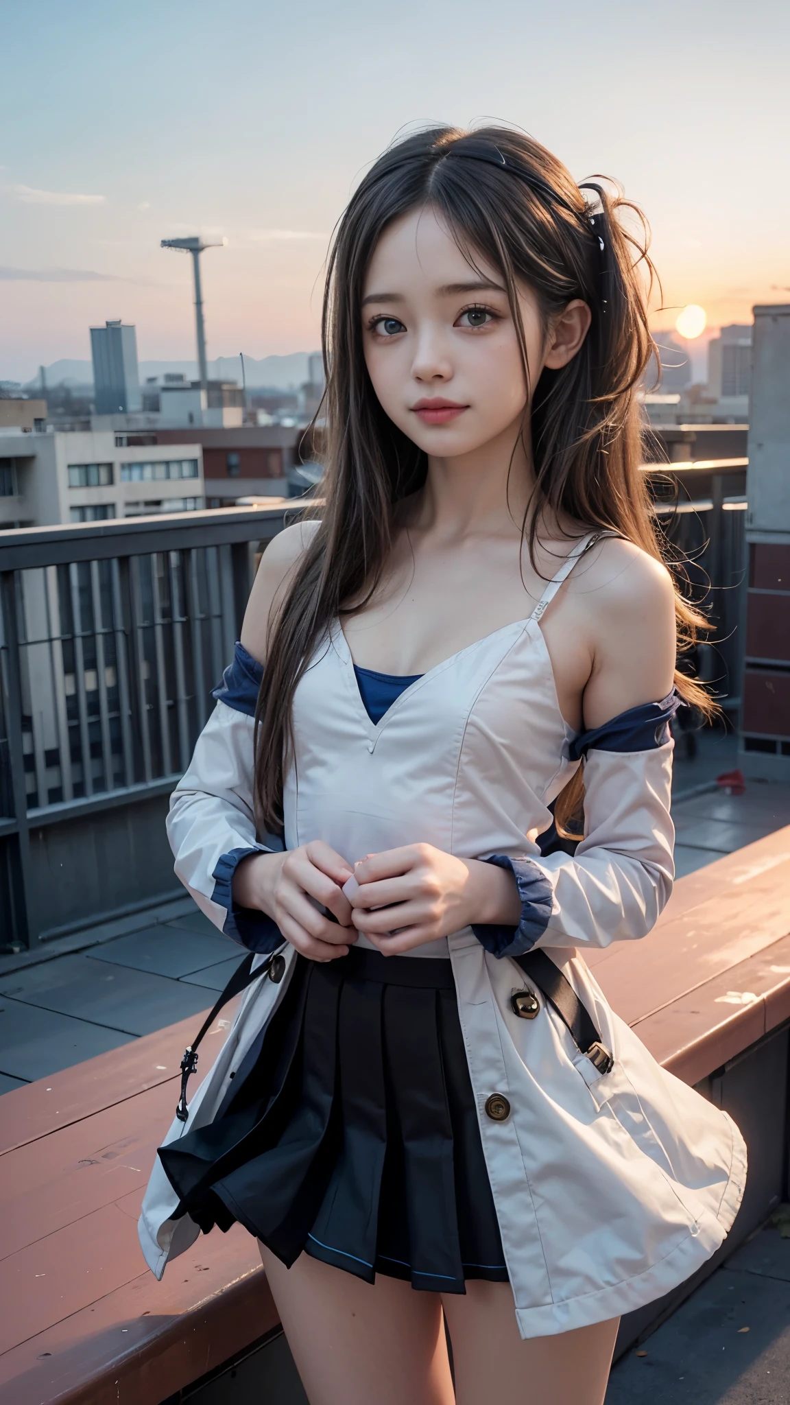 ((SFW: 1.4)), ((A rooftop with a fantastic sunset view)), ((Detailed eyes and face:1.2, Professional photography)), ((SFW, Magical Girl Cosplay:1.3, middle School girls)), Ultra-high resolution, (Realistic: 1.4), RAW Photos, highest quality, (PhotoRealistic Stick), concentrated, Soft Light, ((, Baby Face)), ((Japanese)), (((Young Face))), (surface), (Depth of written boundary), masterpiece, (Realistic), ((Sexy thighs visible)), woman, (Small breasts:1.3, Cleavage), ((Straight Hair, Hair behind the shoulders)), ((1 girl)), ((Gaze at the viewer:1.35, blush:1.2)), A cheerful smile, (high waist, Narrow waist:1.2), (Perfect Anatomy:1.2), (Detailed hands), (Hair blowing in the wind:1.4), Slender body line, ((Small and slender figure)),