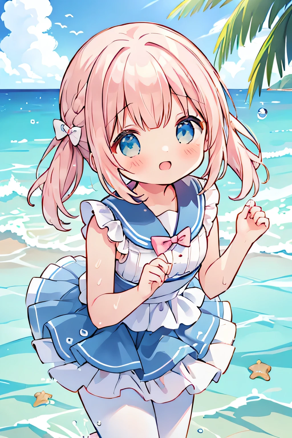highest quality、High resolution、Detailed Background、(Beautiful face in every detail:1.4)、Anatomically correct、(Detailed facial expressions)、Teenage beauty、(Highly detailed face:1.4)、cute hair color、cute hairstyle、Braided bob cut、Braided Ponytail、Braided twin tails、Overflowing with kindness and cuteness、

(Girls enjoying a fun and lively swim in the sea:1.5)、

Running along the beach while feeling the sea breeze、A girlish smile bounces、
Friends walking hand in hand along the shore、
Although a little shy, they chatted happily.、
Blue sea and white sand beach、Wrapped in pleasant sunlight、
It&#39;s lovely to see them splashing around and playing.、
Lie down comfortably、Her eyes gazing at the sea are sparkling、
I couldn&#39;t help but smile at the sight of them.、
Feeling the sea breeze, my heart becomes clear、
The best memories are the time you spend together、

The bikini is a classic style that accentuates femininity.、The top is decorated with frills and ribbons.、Chopped pants and flared skirts are also popular bottoms.、
The one-piece swimsuit is also very cute.、Ribbon and lace on the front、Details such as the open back are distinctive.、fit&Flared silhouette for a feminine look、
Ruffles and fringes、Swimsuits decorated with jewels are also fashionable.、
pink、light blue、Bright colors such as yellow、Calm navy and burgundy、Feminine design and vibrant colors、cute