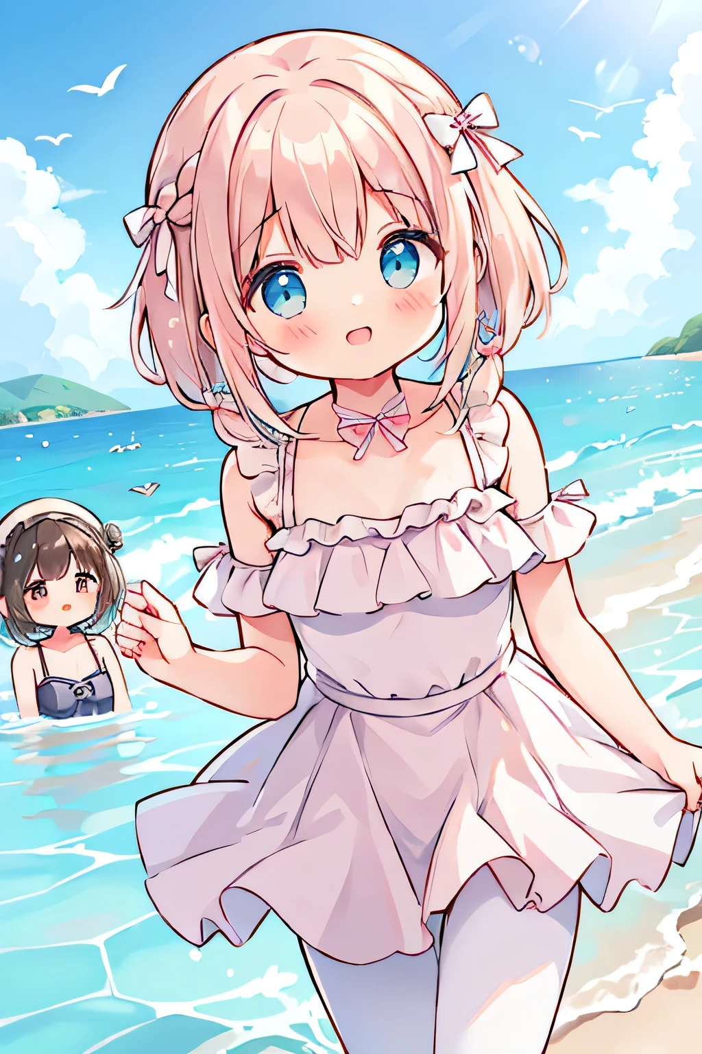 highest quality、High resolution、Detailed Background、(Beautiful face in every detail:1.4)、Anatomically correct、(Detailed facial expressions)、Teenage beauty、(Highly detailed face:1.4)、cute hair color、cute hairstyle、Braided bob cut、Braided Ponytail、Braided twin tails、Overflowing with kindness and cuteness、
(Girls enjoying a fun and lively swim in the sea:1.5)、
Running along the beach while feeling the sea breeze、A girlish smile bounces、
Friends walking hand in hand along the shore、
Although a little shy, they chatted happily.、
Blue sea and white sand beach、Wrapped in pleasant sunlight、
It's lovely to see them splashing around and playing.、
Lie down comfortably、Her eyes gazing at the sea are sparkling、
I couldn't help but smile at the sight of them.、
Feeling the sea breeze, my heart becomes clear、
The best memories are the time you spend together、
The bikini is a classic style that accentuates femininity.、The top is decorated with frills and ribbons.、Chopped pants and flared skirts are also popular bottoms.、
The one-piece swimsuit is also very cute.、Ribbon and lace on the front、Details such as the open back are distinctive.、fit&Flared silhouette for a feminine look、
Ruffles and fringes、Swimsuits decorated with jewels are also fashionable.、
pink、light blue、Bright colors such as yellow、Calm navy and burgundy、Feminine design and vibrant colors、cute