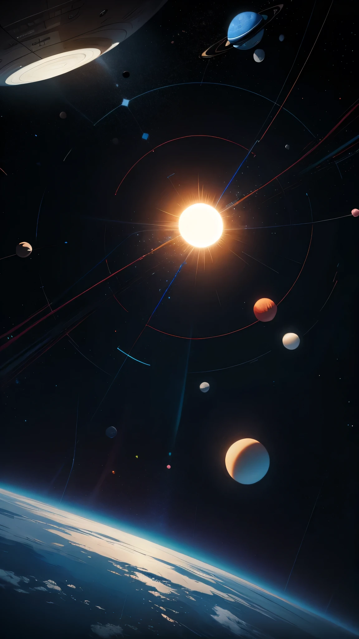 abstract digital art piece featuring a minimalist design that depicts the orbits of planets around the sun within our solar system, 2d, illustrative, blueprint, minimal background, epic