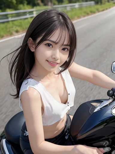 a lot of details, (underweight), 30 years old, detailed black hair, beautiful detailed hair, super fucking beautiful, delicate beautiful face, complex details beautiful and delicate eyes, perfect hands, (flat chest best quality:1.5), perfect and delicate limbs, detailed skin, best quality, ultra-detailed,(cheerful grin:1.3), (long exposure:1.0), full body shot, (Riding a motorcycle in a forward leaning position:1.1), speeding down a straight road, (dynamic angle:1.3)