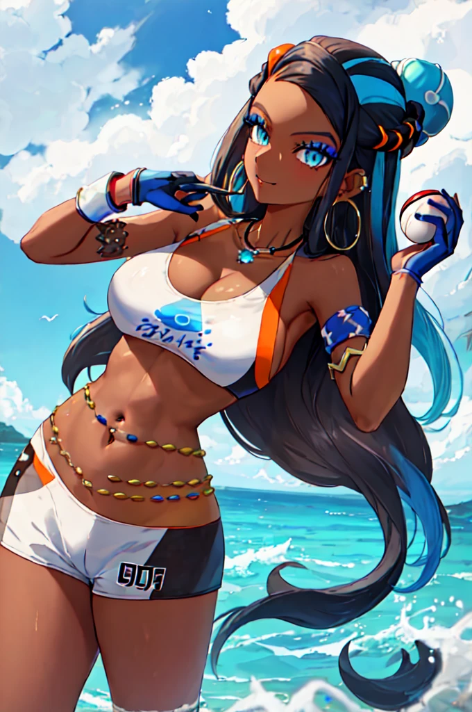 best quality, masterpiece, highres, solo, {nessa_pokemon:1.15}, dark-skinned_female, dark_skin, multicolored_hair, two-tone_hair, long_hair, black_hair, blue_hair, blue_eyes, jewelry, earrings, makeup, hoop_earrings, hair_bun, eyeshadow, single_hair_bun, necklace, massive breasts, massive breasts, massive breasts, massive breasts, massive breasts, massive breasts, massive breasts, massive breasts, blue_eyeshadow, armlet, eyelashes, 1girl, belly_chain, bikini, crop_top, gloves, holding, holding_poke_ball, midriff, navel, poke_ball, poke_ball_\(basic\), single_glove, swimsuit, looking_at_viewer, smile, tankini
