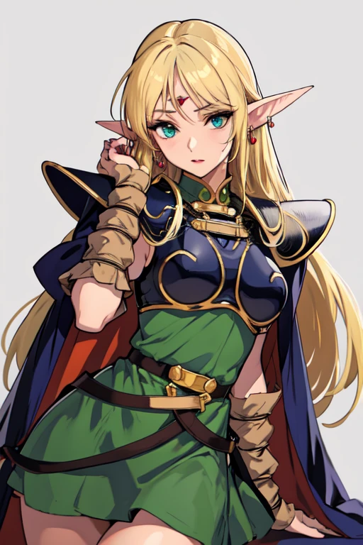 straight-on,pose,looking at viewer,solo, BREAK, ANI_CLASSIC_deedlit_ownwaifu, www.ownwaifu.com,
pointy ears, blonde hair, long hair, elf, circlet, green eyes, long pointy ears, very long hair, breasts, medium breasts, earrings, lips, makeup, bangs,
cape, armor, blue cape, shoulder armor, pauldrons, gloves, breastplate, belt, green dress, short dress,
(masterpiece:1.4),(best quality:1.4),(absurdres:1.4),pinup,