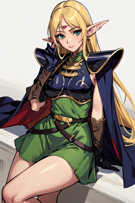 straight-on,pose,looking at viewer,solo, BREAK,  ANI_CLASSIC_deedlit_ownwaifu, www.ownwaifu.com, 
pointy ears, blonde hair, long hair, elf, circlet, green eyes, long pointy ears, very long hair, breasts, medium breasts, earrings, lips, makeup, bangs, 
cape, armor, blue cape, shoulder armor, pauldrons, gloves, breastplate, belt, green dress, short dress, 
(masterpiece:1.4),(best quality:1.4),(absurdres:1.4),pinup,