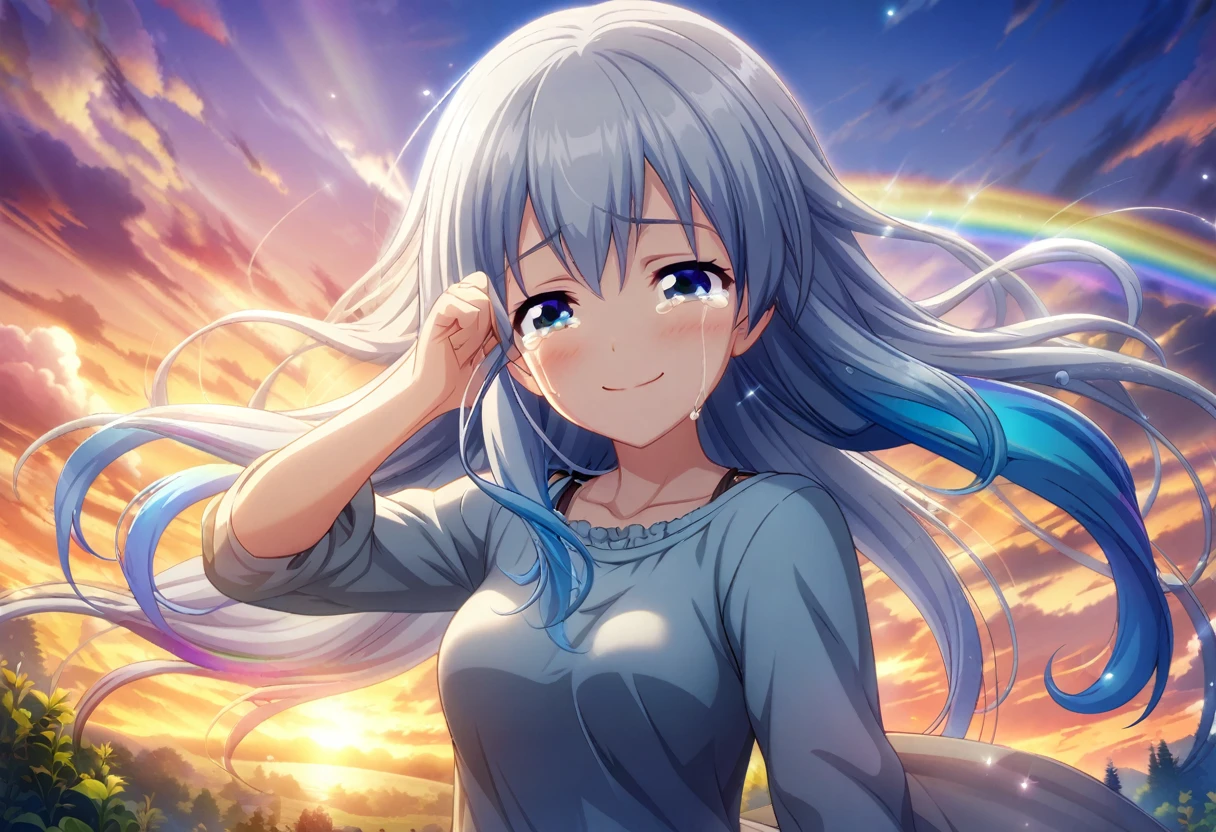 game cg,1lady,precious,(blue hair)|(gray hair)0.5,long hair,blue eyes,medium breasts,((happy tears)),smile,((tears)),wiping tear,sunset with rainbow