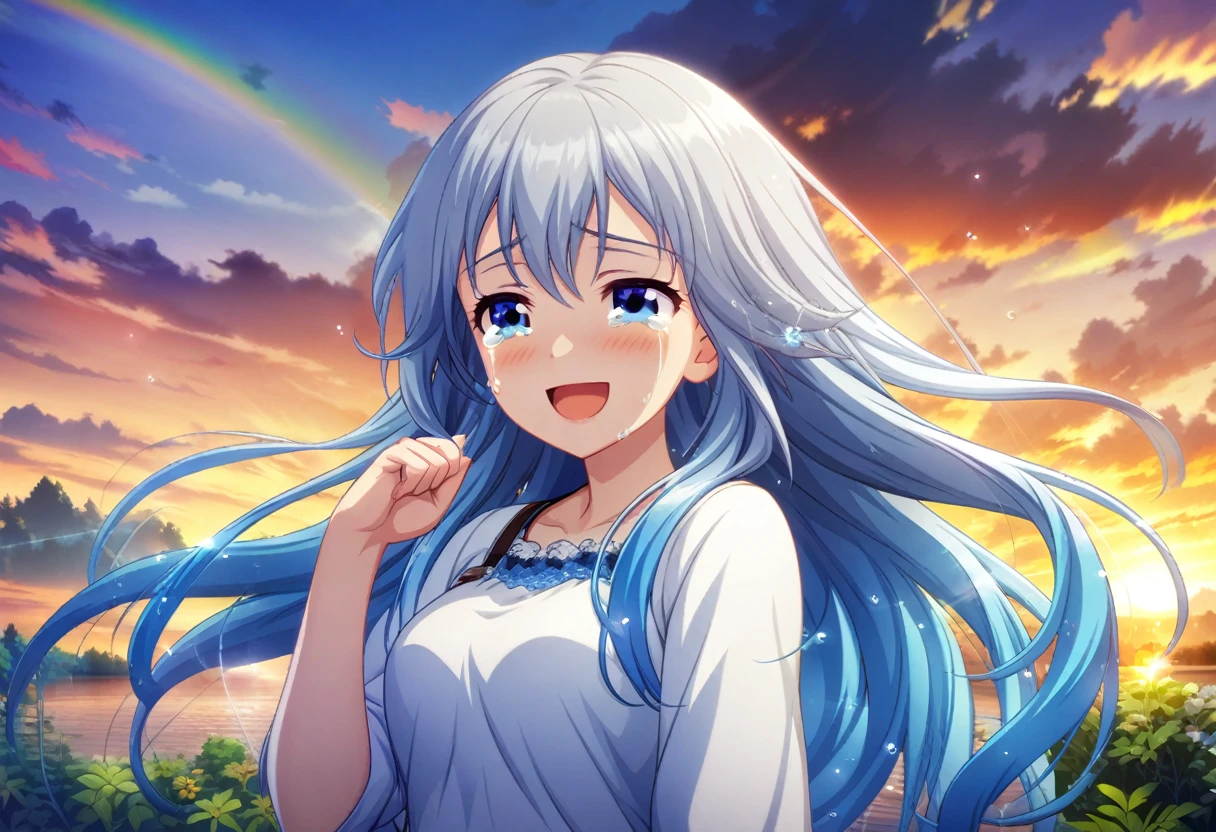 game cg,1lady,precious,(blue hair)|(gray hair)0.5,long hair,blue eyes,medium breasts,((happy tears)),smile,((tears)),wiping tear,sunset with rainbow