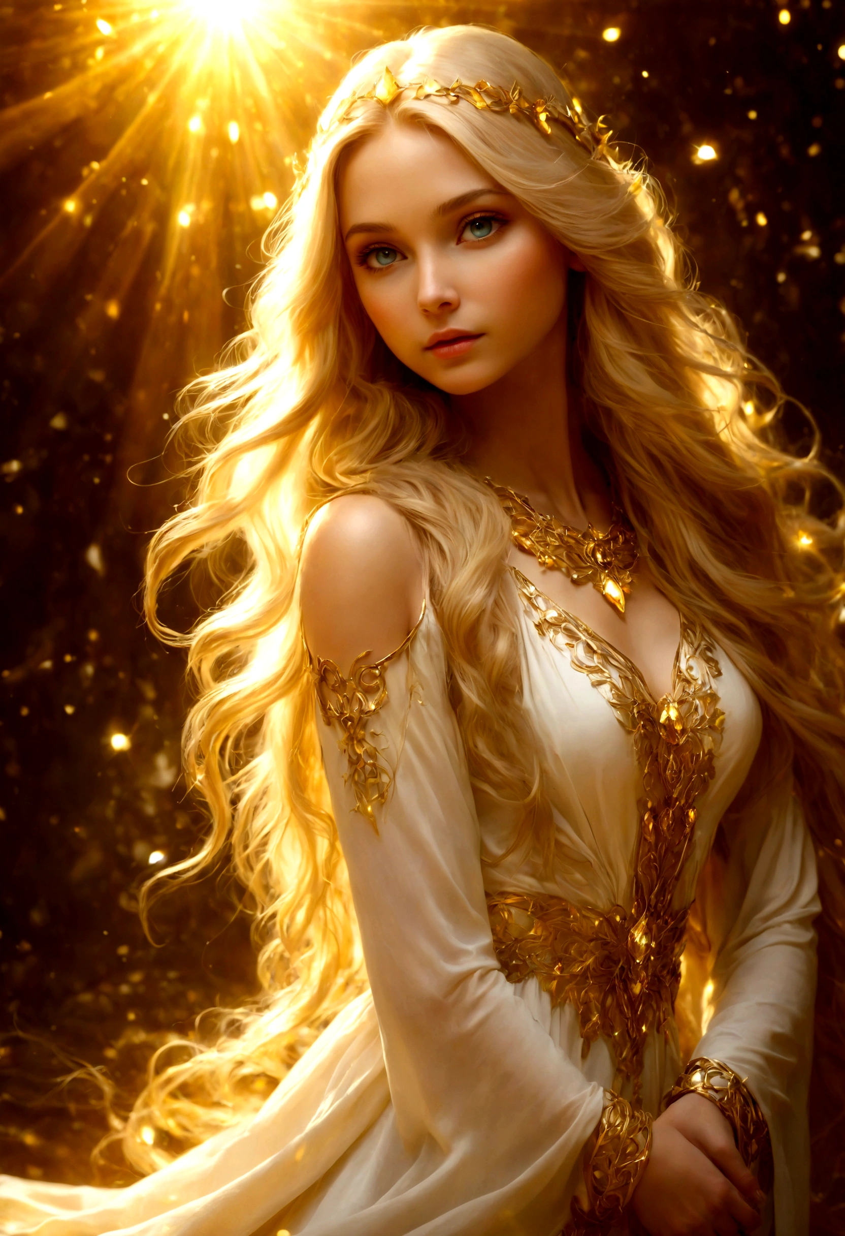 girl with long hair, blonde, gold Ethereal light, glowing magical shiny skin, shining golden aura, Golden glow, Golden Rays, эфирное Angelic существо света, unearthly beauty, light effect, Ethereal light, unearthly dreamy light, fabulous gorgeous lighting, beautiful portrait in fantasy style, Golden Sky Lights, Holy Goddess, Spirituality, high ground, meditation, Angelic