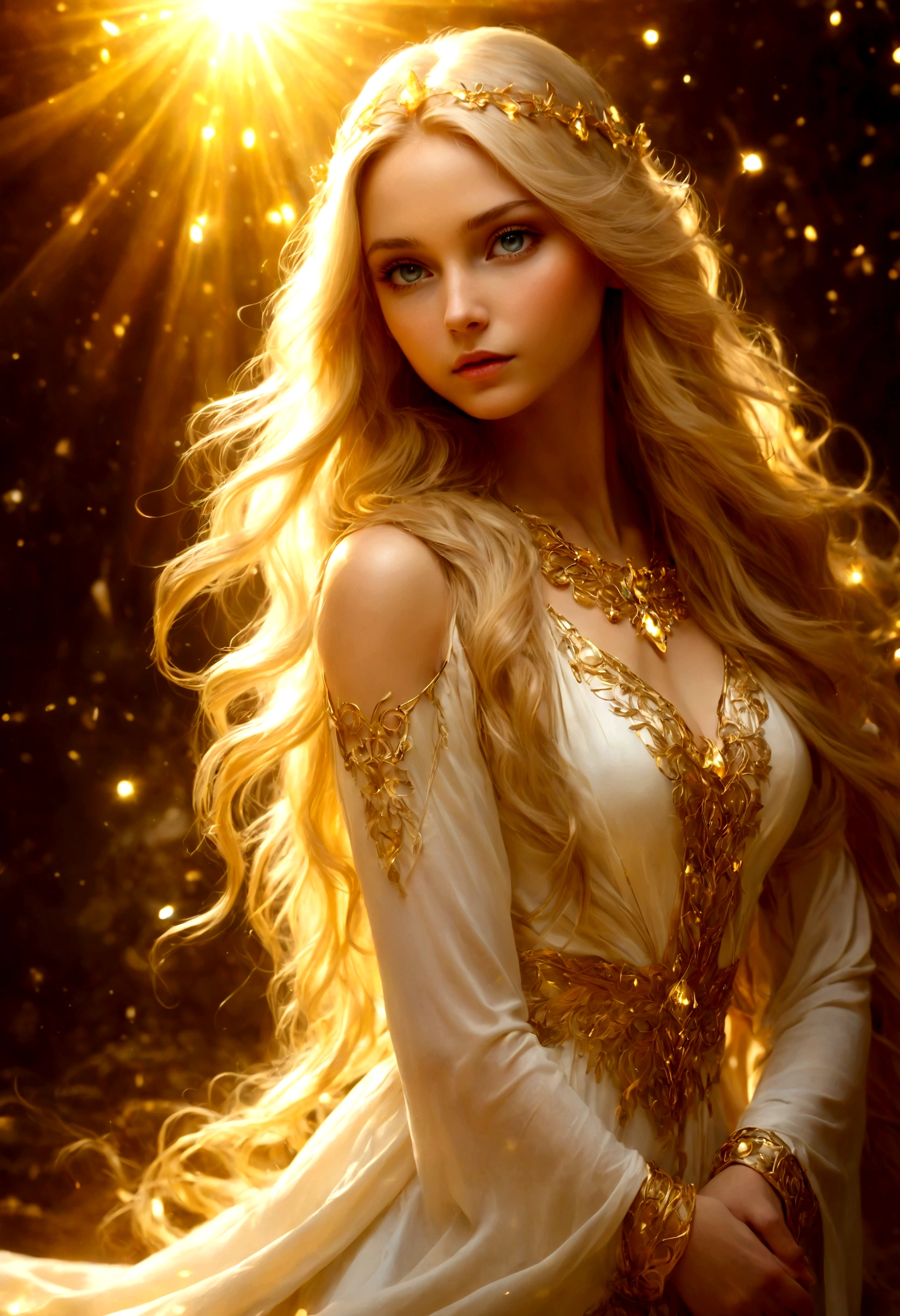 girl with long hair, blonde, gold Ethereal light, glowing magical shiny skin, shining golden aura, Golden glow, Golden Rays, эфирное Angelic существо света, unearthly beauty, light effect, Ethereal light, unearthly dreamy light, fabulous gorgeous lighting, beautiful portrait in fantasy style, Golden Sky Lights, Holy Goddess, Spirituality, high ground, meditation, Angelic