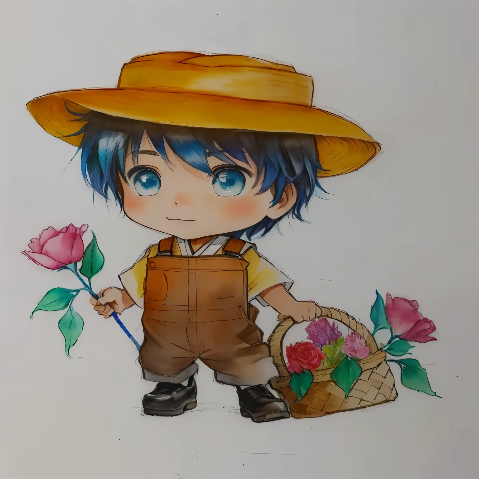 drawing of a boy with a hat and a basket of flowers, japanese farmer, character with hat marrom, desenho colorido, wearing a straw hat and overalls, aquarela e caneta, a colored pencil drawing, desenho colorido, desenho colorido, rich aquarium, arte tradicional, inspirado em Junpei Satoh, character with hat, Aquarela