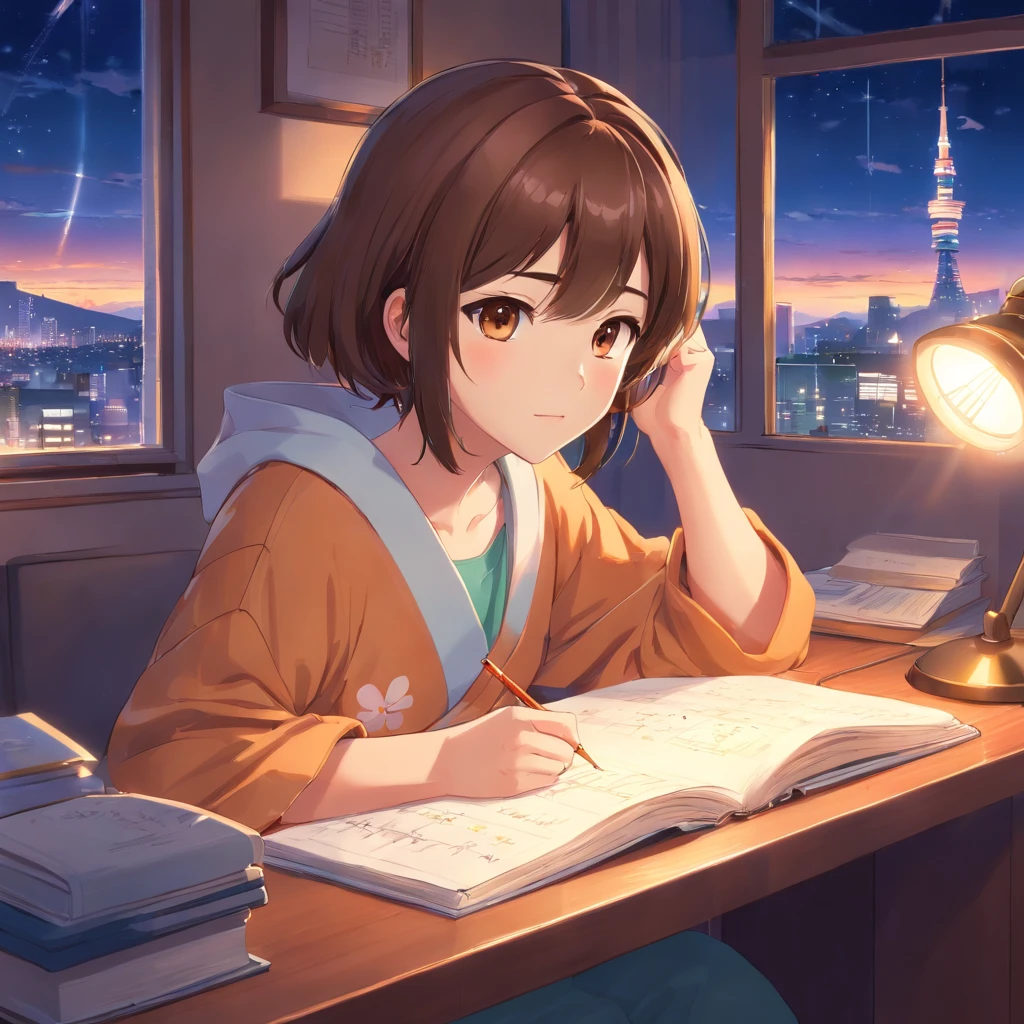 Japanese girl 20 years old, brown hair, beautiful brown eyes, cute face, in cute pajamas, Studying in your room , wearing headphones, night, anime style 4k