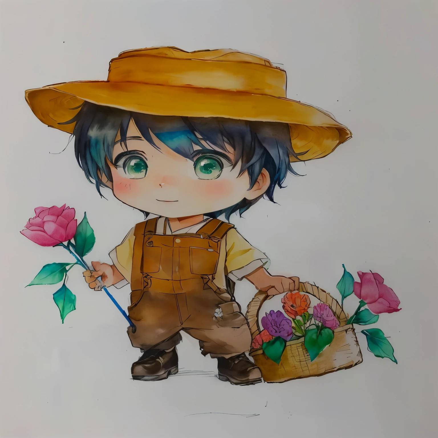 drawing of a boy with a hat and a basket of flowers, japanese farmer, character with hat marrom, desenho colorido, wearing a straw hat and overalls, aquarela e caneta, a colored pencil drawing, desenho colorido, desenho colorido, rich aquarium, arte tradicional, inspirado em Junpei Satoh, character with hat, Aquarela