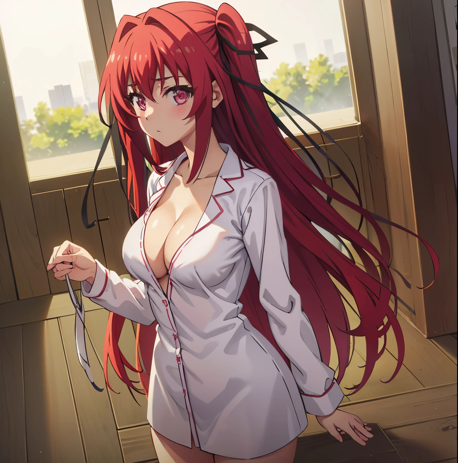 1girl,alone,mio naruse, (extremely detailed CG unity 4k wallpaper), (masterpiece), (best quality), (ultra detailed), (best illustration), (best shadow), (absurdities), (detailed background ), large breasts, medium waist, wide hips, medium thighs, round butt, red hair, long hair, cleavage, single, ribbon, hair ribbon, black ribbon, indoors, blush, shirt, very long hair, collarbone, two sides up, red eyes, standing, cowboy photo, hair between eyes, two stories, looking at viewer, stop, focus on breasts, pov (from above), white shirt, chest held, pajamas, lips half open, purple eyes, no pants, naked shirt, dress shirt, perfect anatomy, perfect hands