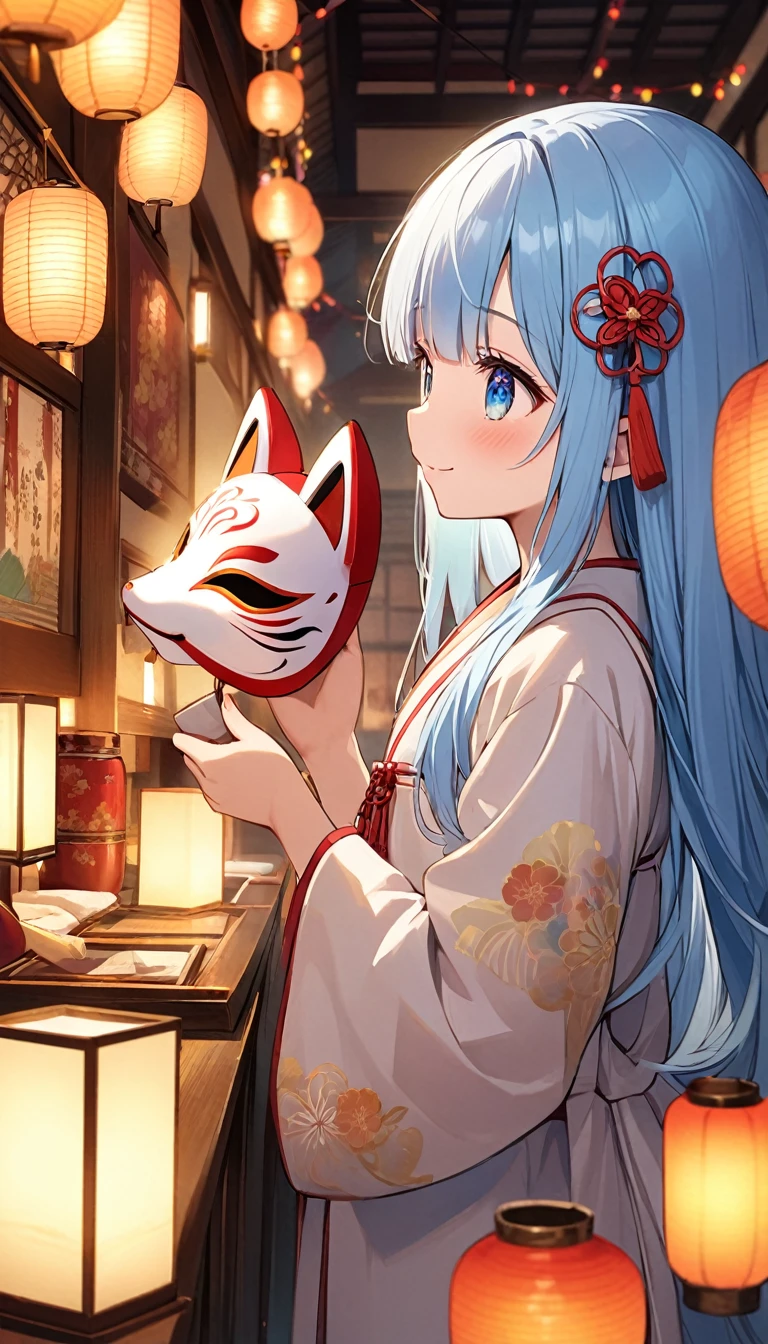 masterpiece, best quality, extremely detailed, (illustration, official art:1.1), 1 girl ,(((( light blue long hair)))), ,(((( light blue long hair)))),light blue hair, ,, long hair ((blush)) , cute face, big eyes, masterpiece, best quality,(((((a very delicate and beautiful girl))))),Amazing,beautiful detailed eyes,blunt bangs((((little delicate girl)))),tareme(true beautiful:1.2), sense of depth,dynamic angle,,,Candle, affectionate smile, (true beautiful:1.2),(flat chest))

、
Festive lanterns, a panoramic view, Warm light, Holiday Lights, colorful light、((((( Fox Mask,Holding a traditional mask in hand)))))、Traditional Masksillumination、Indoor、Many exhibits，Chinese Ancient Architecture，In a dimly lit room, I turn around、From the side