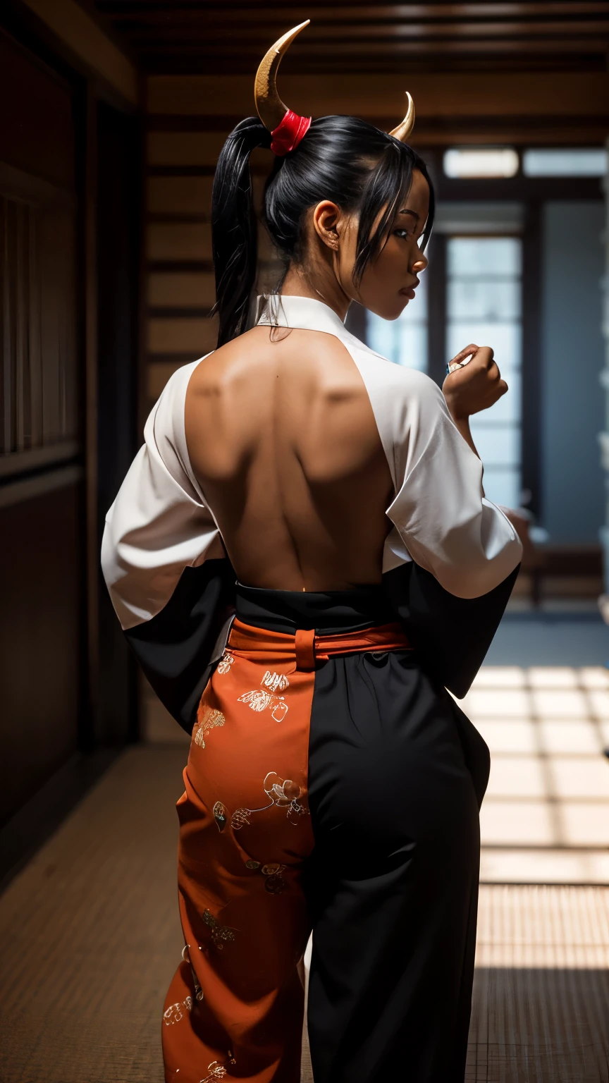 hugging a african american man,24-year-old woman, tall, orange eye irises,long white hair tied with orange clips in a ponytail,on her head two red demon horns (Oni),large purple and white nio-daisuki behind her back,worn a kimono with torn sleeves, red hakama pants and specifically hakama,realism,digital art,cinematographic,one piece style,ultra-sharp focus,award-winning photography,perfect contrast,high sharpness, depth of field,ultra-detailed photography,global illumination