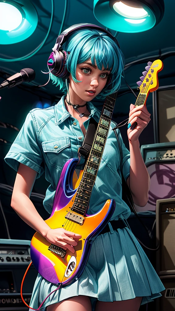 A photorealistic masterpiece of a girl playing an ((electric guitar:)1.37), with short punk hair, green eyes, and a blue neon skirt. She is wearing headphones, holding a plectrum, and playing the instrument indoors. The image features high quality, best details, and realistic lighting effects. ((More detail, enhnaced))