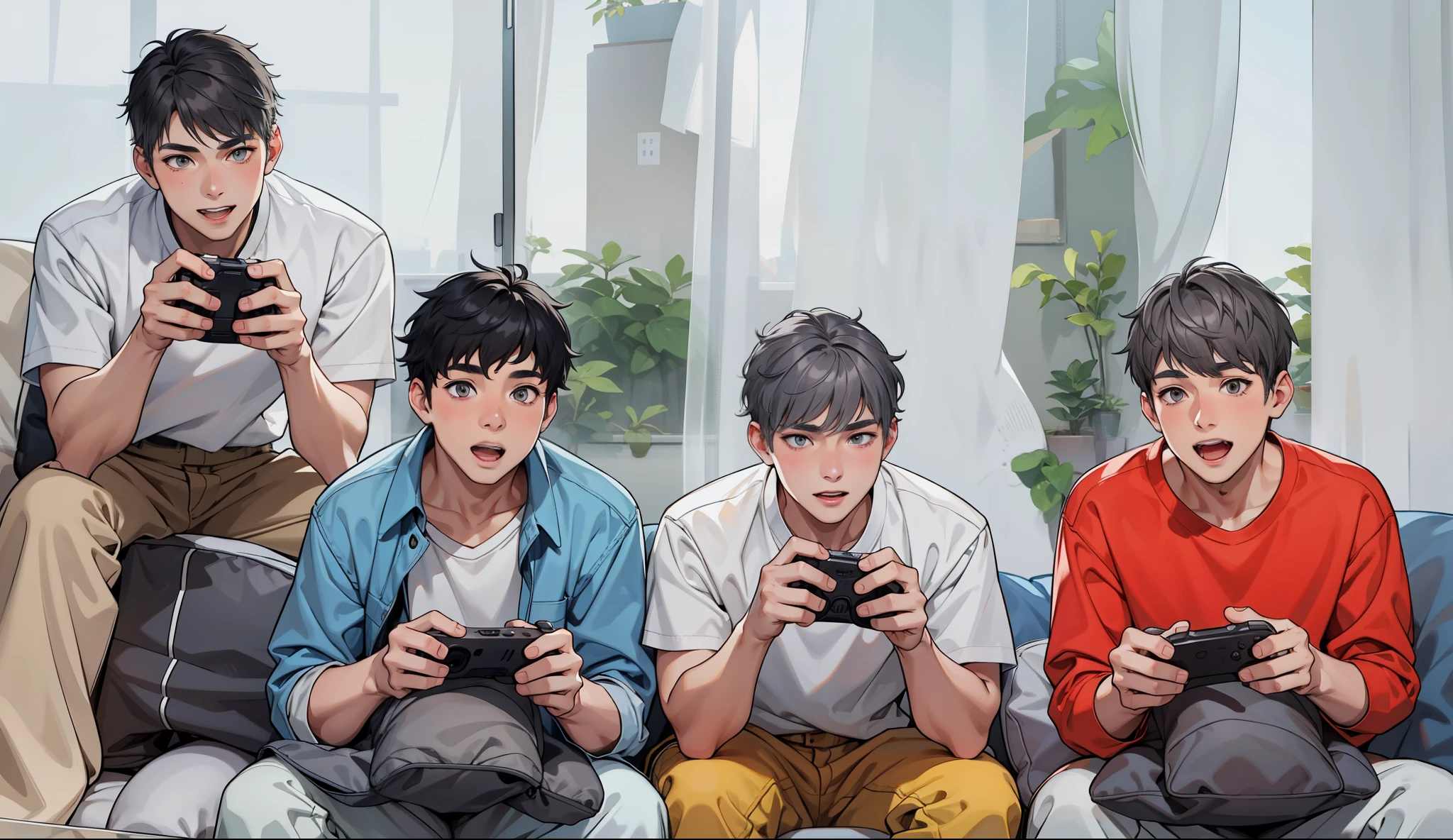 There are 4 cute 18 year old men playing video games, they have light gray hair, gray eyes.