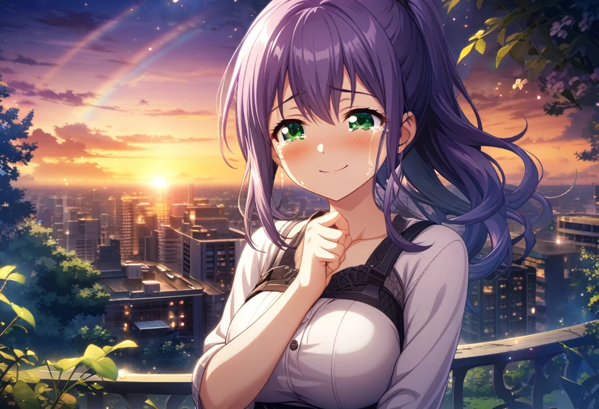 game cg,1girl,purple ponytail hair,green eyes,large breasts,((happy tears)),smile,((tears)),wiping tear,night,sunset with rainbow