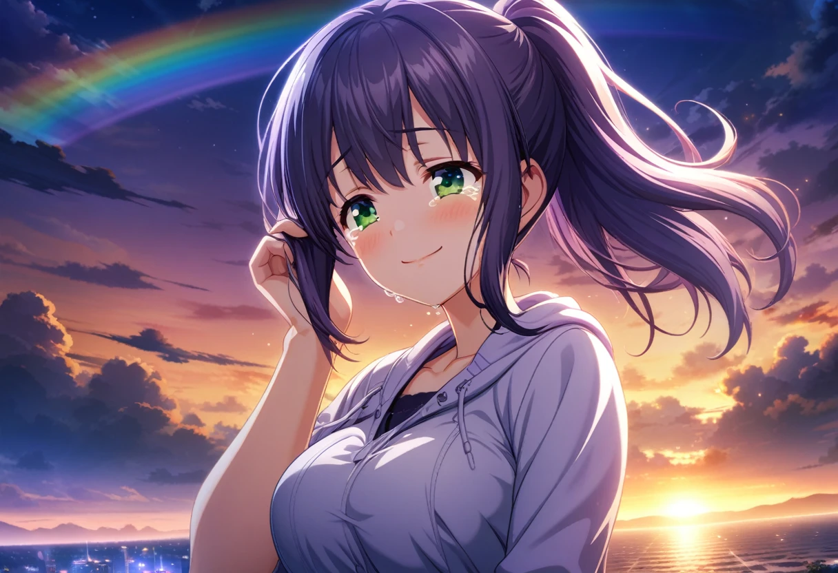 game cg,1girl,purple ponytail hair,green eyes,large breasts,((happy tears)),smile,((tears)),wiping tear,night,sunset with rainbow