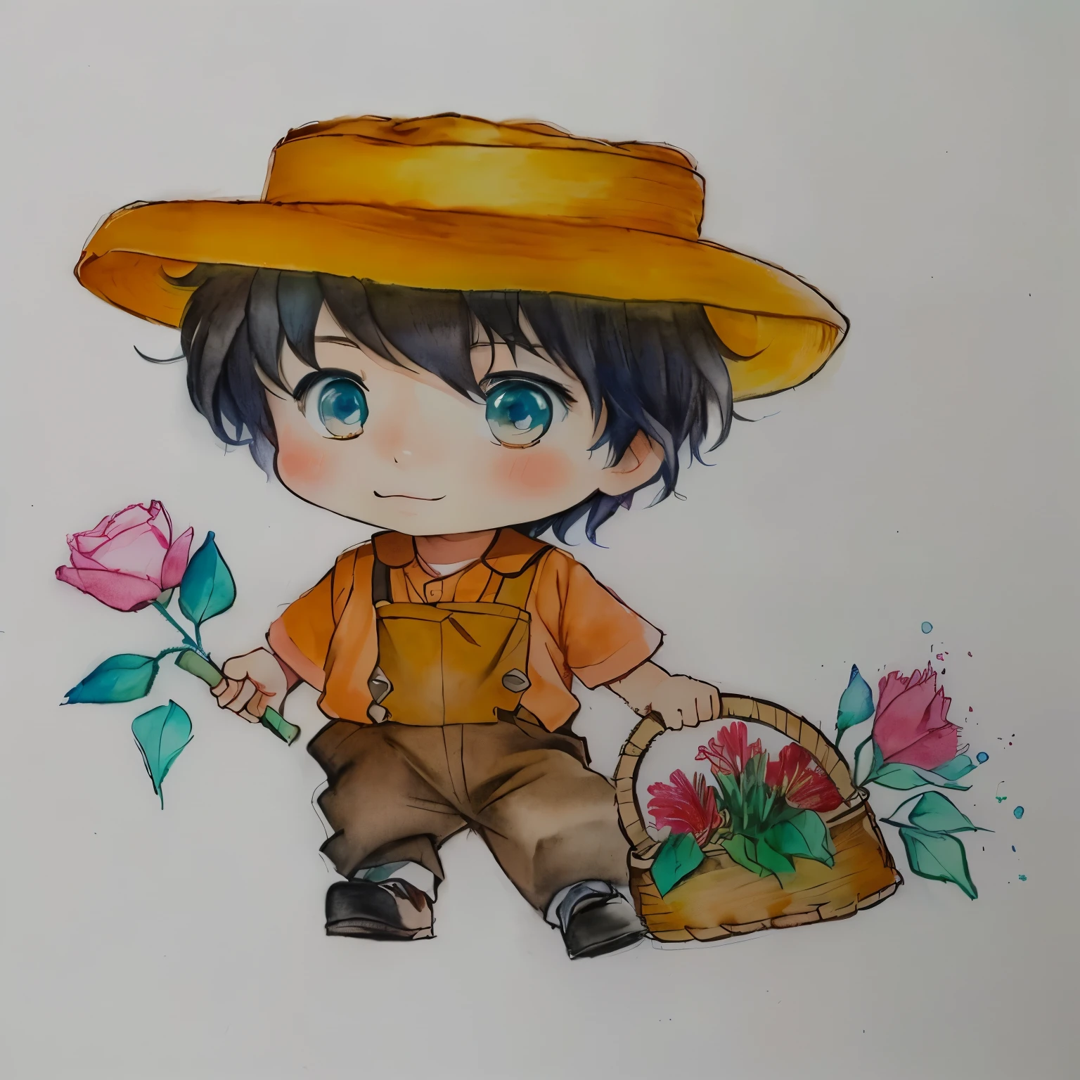drawing of a boy with a hat and a basket of flowers, japanese farmer, character with hat marrom, desenho colorido, wearing a straw hat and overalls, aquarela e caneta, a colored pencil drawing, desenho colorido, desenho colorido, rich aquarium, arte tradicional, inspirado em Junpei Satoh, character with hat, Aquarela
