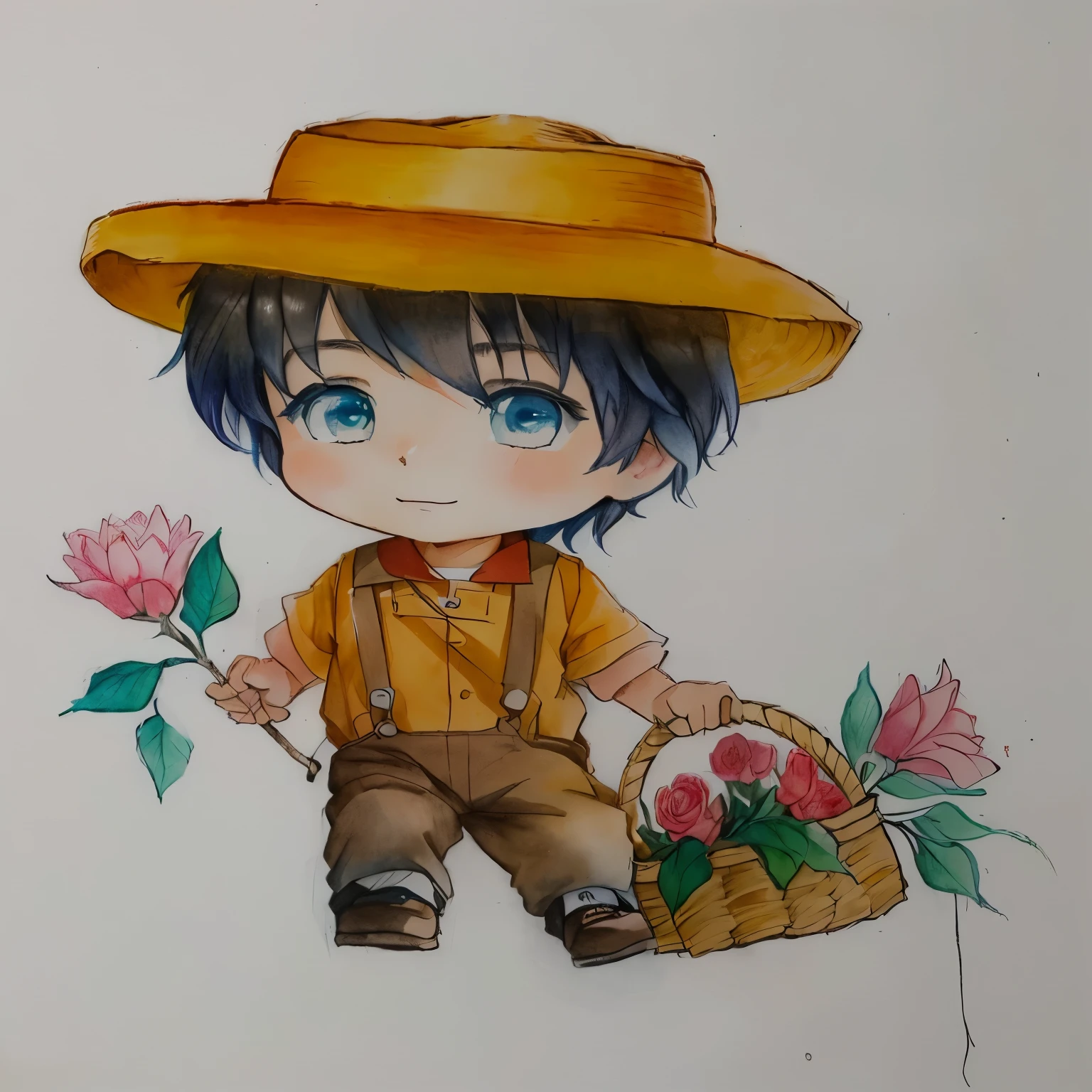 drawing of a boy with a hat and a basket of flowers, japanese farmer, character with hat marrom, desenho colorido, wearing a straw hat and overalls, aquarela e caneta, a colored pencil drawing, desenho colorido, desenho colorido, rich aquarium, arte tradicional, inspirado em Junpei Satoh, character with hat, Aquarela