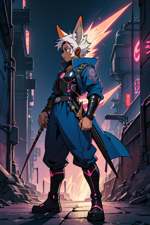 Niji mode, human male sorcerer secret agent, human face with black fire fox ears, full body, wearing an elegant suit made of fine fabric and with magic circuits, holding in both hands a sword with a long handle with carved magic details glowing, glowing eyes, RPG costume , tanned skin, neon punk, art book, Studio ghibli, wide setting, in the middle of a retro cyber punk magical metropolis, magical light reflected in the hair and ear, aura of light, stylish dynamic pose, side view, old anime